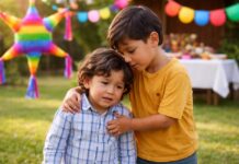 El respeto: ese valor que salva la convivencia en casa Niño mayor consuela a su hermano menor que llora durante una fiesta infantil con piñata, mostrando empatía y respeto entre hermanos.