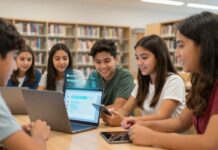La inteligencia artificial ya está ayudando a muchos adolescentes… ¿estamos preparados los padres? Grupo de adolescentes utiliza computadoras, teléfonos y herramientas de inteligencia artificial mientras estudia en una biblioteca escolar.