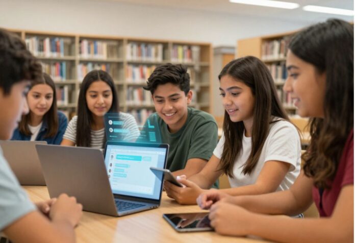 Grupo de adolescentes utiliza computadoras, teléfonos y herramientas de inteligencia artificial mientras estudia en una biblioteca escolar.