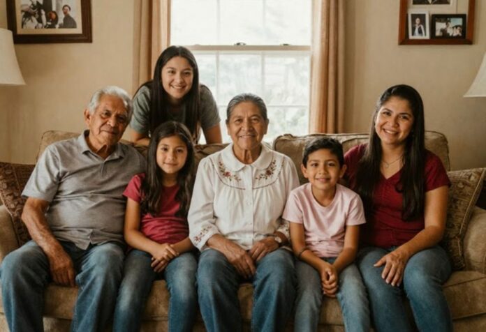 Abuelos, padres y nietos reunidos en la sala de una casa, sonriendo durante un momento de convivencia familiar.