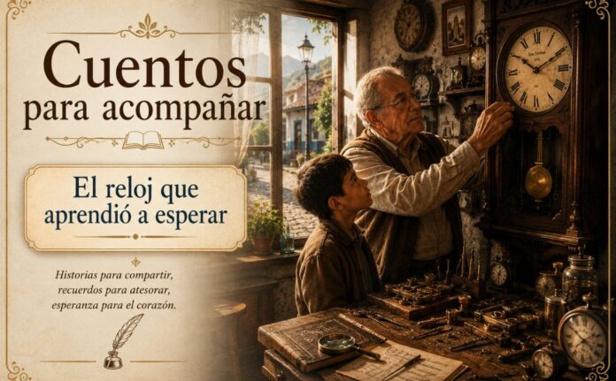 Abuelo y nieto contemplan un antiguo reloj de péndulo dentro de una cálida relojería llena de relojes antiguos, ilustración que representa el cuento 