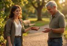 Lo que haces cuando nadie te ve… dice quién eres Una joven devuelve una cartera encontrada a un hombre en un parque durante la tarde, simbolizando la honestidad y la integridad en las acciones cotidianas.
