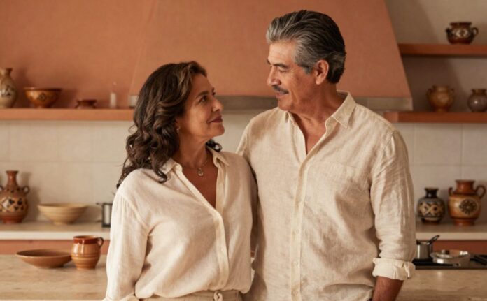 Matrimonio de adultos maduros mirándose con afecto en la cocina de su hogar, reflejando la importancia de mantener viva la admiración y el cariño en la vida conyugal.